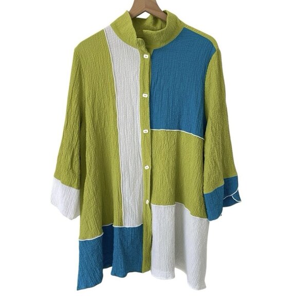 IC By Connie K Tunic Top 2X Lagenlook Artsy Collar Gauzy Button Blouse Pockets - Picture 1 of 16
